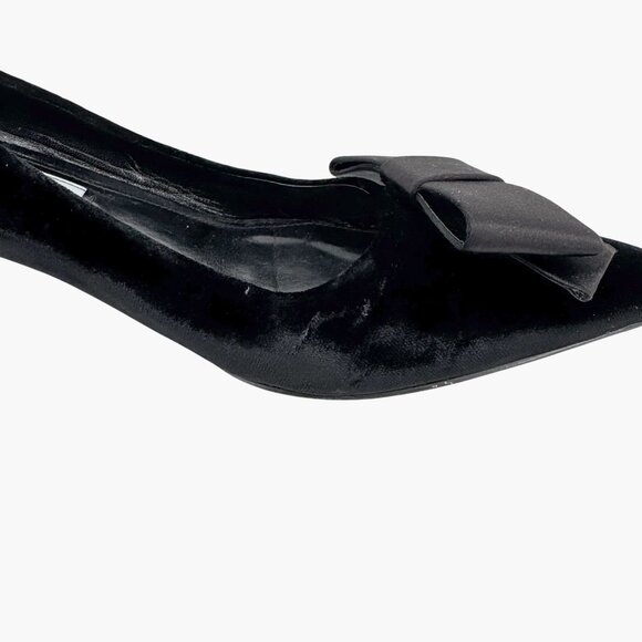 Prada Pointed Toe Bow Kitten Pumps Size 37 US 7 Black Velvet Low Heel Formal - Picture 12 of 14